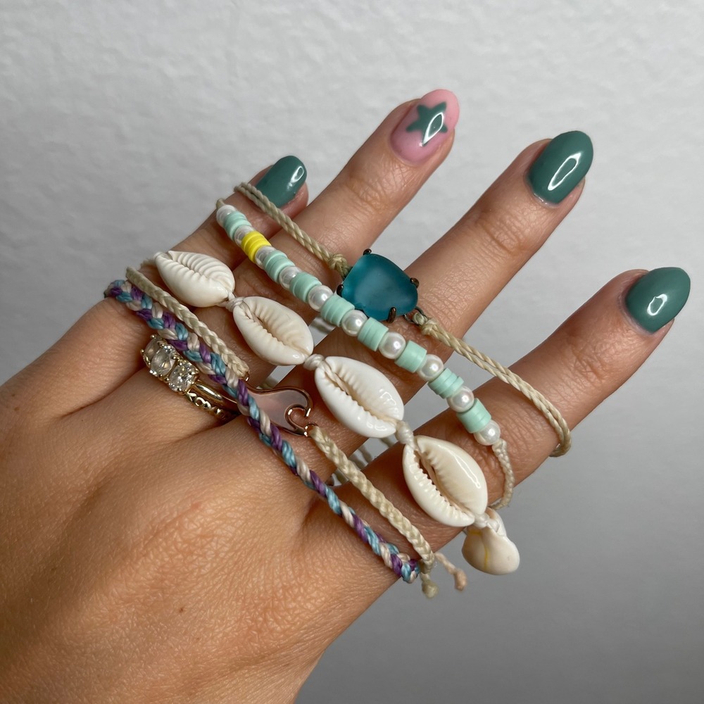 Pura Vida Bracelet Stack Cowrie Shell Sea Glass Beaded Boho Coastal 5pc Set - Picture 2 of 3